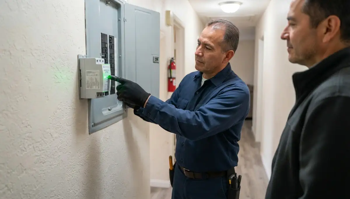 Long Beach, CA electrician checks a whole-home surge protector status indicator for active protection