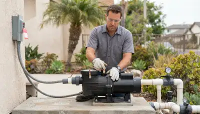 Long Beach, CA electrician securing a pool pump and checking bonding and wiring connections