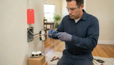 Electrician replacing a failed electrical outlet and securing screw terminals in a Long Beach, CA home