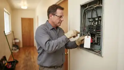 Electrician in Long Beach, CA safely repairing an electrical panel with lockout tag and precise wire terminations