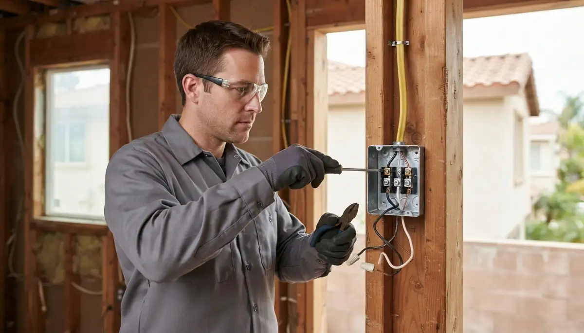 Electrician installing new wiring and dedicated circuits in a Long Beach, CA home