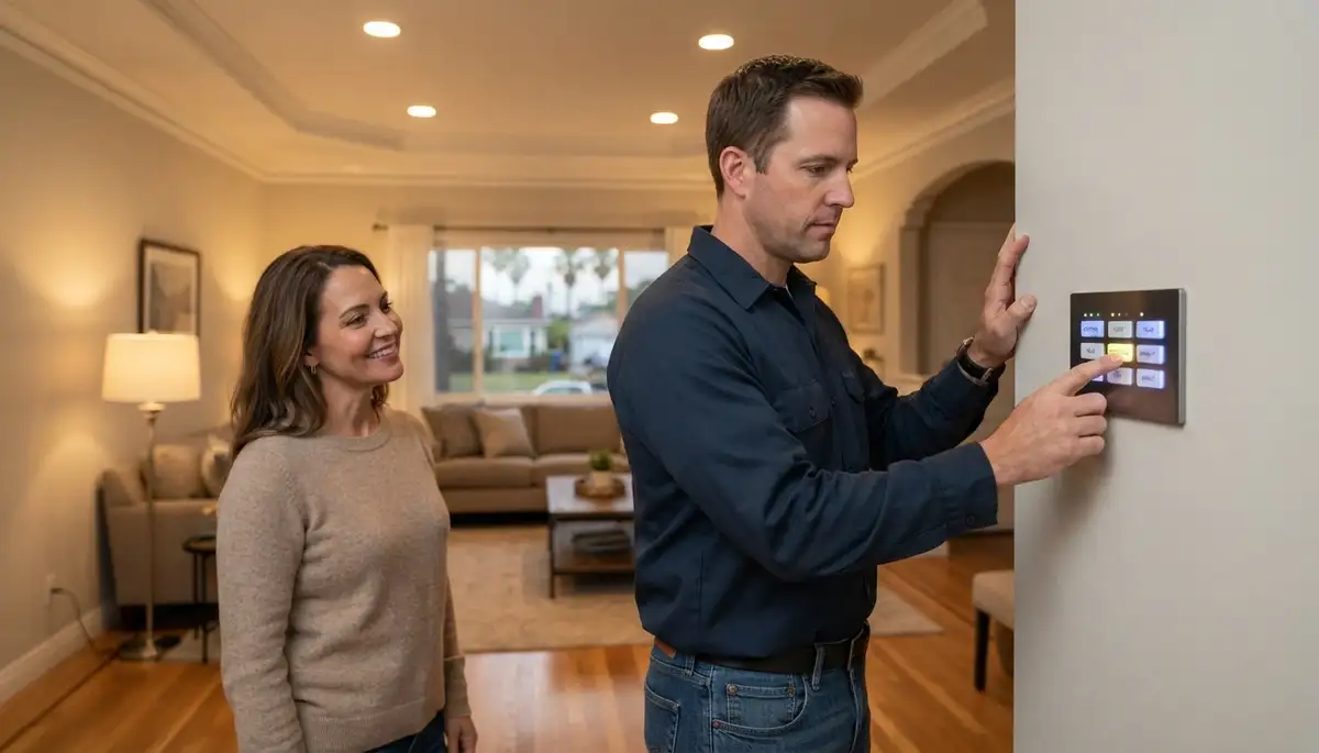 Electrician verifying programmable lighting scenes with a homeowner in Long Beach, CA