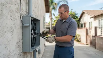 Electrician terminating service conductors in a new meter base for a Long Beach, CA home