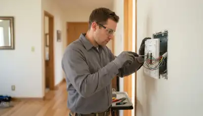 Electrician connecting intercom station wires with a precision screwdriver in Long Beach, CA