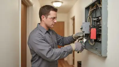 Electrician installs a whole-home surge protector at an electrical panel in Long Beach, CA