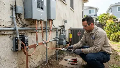 Electrician installs lightning surge protection and bonding jumpers at a Long Beach, CA home