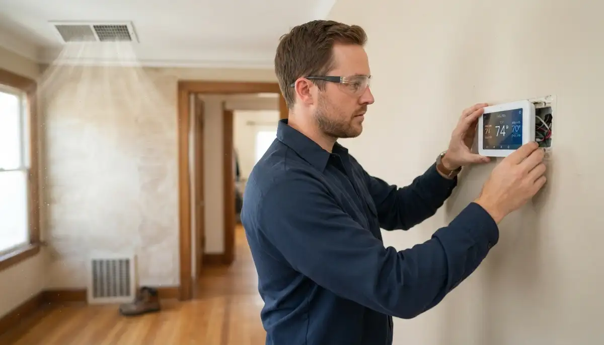 Electrician testing a new thermostat’s heating and cooling cycles in a Long Beach, CA home