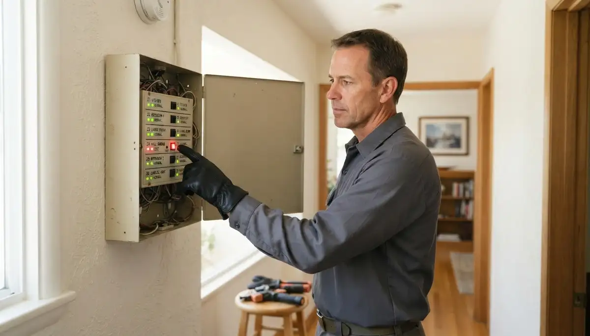 Technician tests fire alarm control panel zones during a Long Beach, CA home system walkthrough