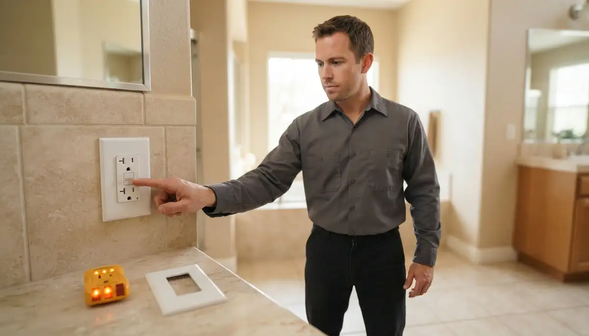Electrician testing a newly installed GFCI outlet in a Long Beach, CA home