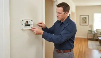 Electrician levels thermostat base and connects labeled wires during installation in Long Beach, CA