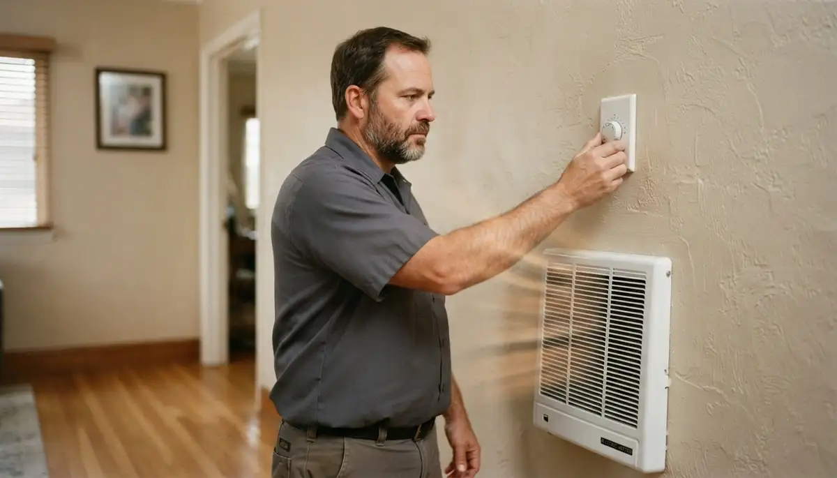 Electrician adjusts an electric heater thermostat during output verification in a Long Beach, CA home