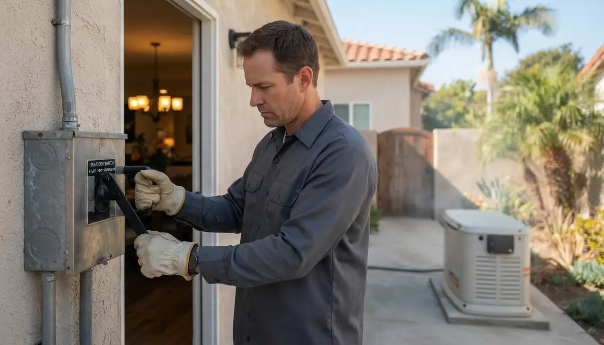 Electrician tests generator transfer switch at a Long Beach, CA home during a simulated power outage