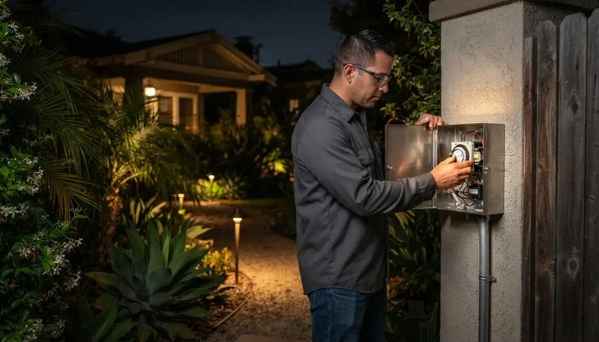 Electrician adjusts a low-voltage landscape lighting transformer and fixture aim at a Long Beach, CA home at night