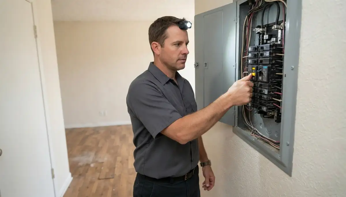 Electrician presses test button on a newly installed GFCI breaker in a Long Beach, CA home
