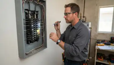 Electrician performing a whole-home electrical inspection of wiring and breaker panel in Long Beach, CA