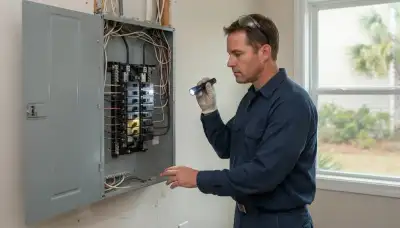 Electrician conducting a whole-home electrical inspection in an older Wilmington, CA home