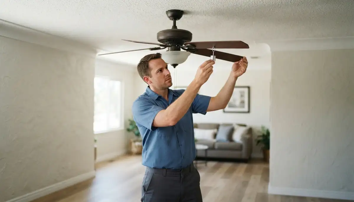 Electrician clips a balancing weight to verify ceiling fan repair in a Long Beach, CA home